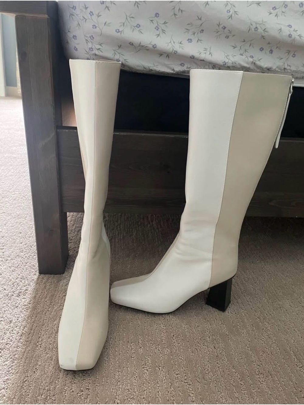 ALOHAS Ivory Knee-High Square Toe Block Heel Boots